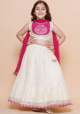 White Embroidered Net Lehenga Set For Girls