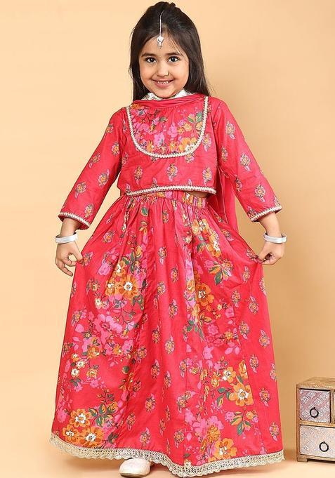Red Printed Cotton Lehenga Set For Girls — view on Indya