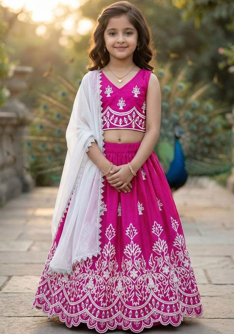 Pink Embroidered Silk Lehenga Set For Girls — view on Indya