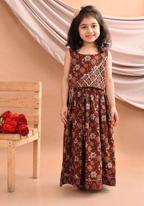Maroon Printed Cotton Lehenga Set For Girls — view on Indya