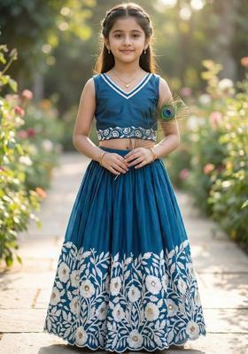 White Embroidered Silk Lehenga Set For Girls