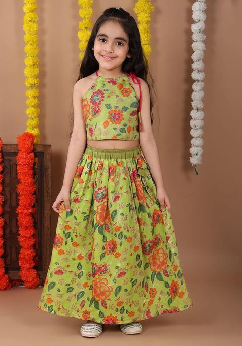 Green Printed Cotton Lehenga Set For Girls — view on Indya