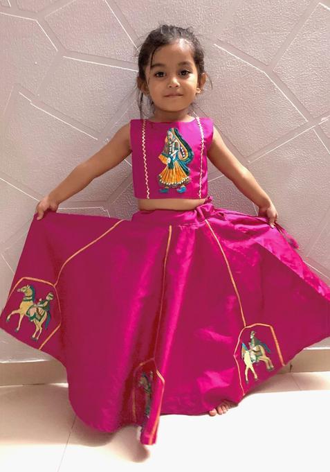 Pink Embroidered Silk Lehenga Set For Girls — view on Indya