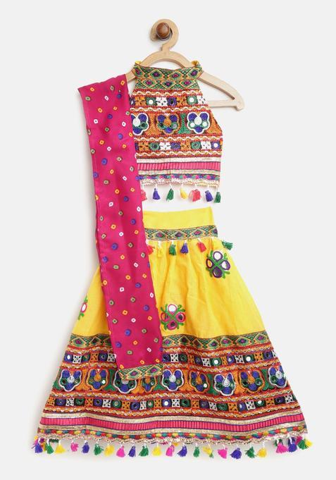 Yellow Embroidered Cotton Lehenga Set For Girls — view on Indya