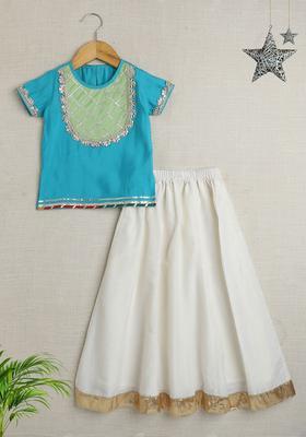 Blue Embellished Polyester Lehenga Set For Girls
