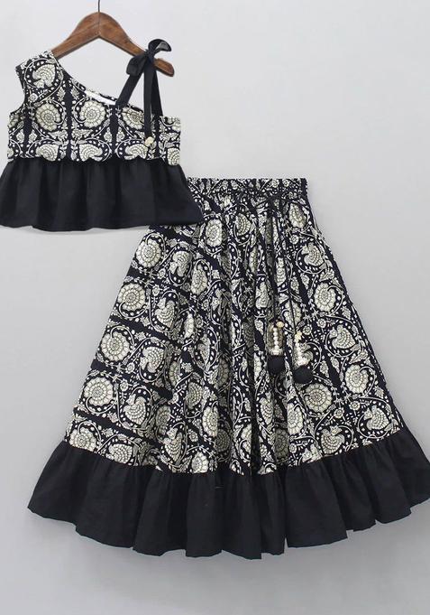 Black Printed Polyester Lehenga Set For Girls — view on Indya