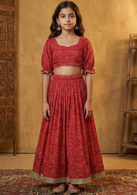 Maroon Printed Georgette Lehenga Set For Girls — view on Indya