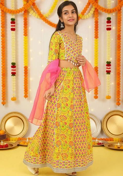 Yellow Printed Cotton Lehenga Set For Girls — view on Indya