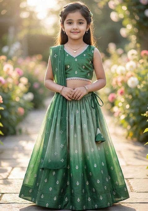 Green Printed Silk Lehenga Set For Girls — view on Indya