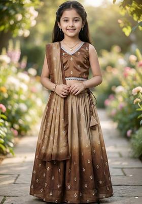 Brown Printed Silk Lehenga Set For Girls
