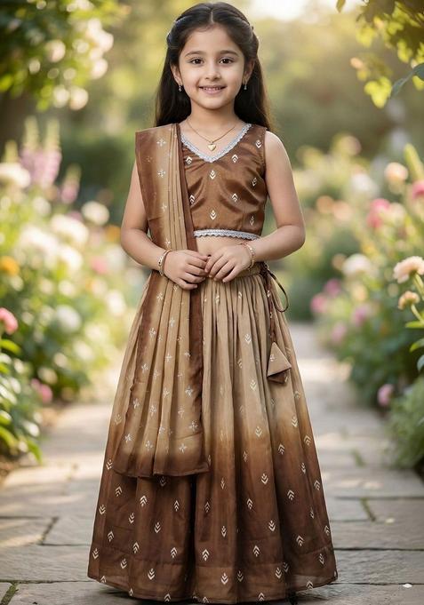 Brown Printed Silk Lehenga Set For Girls — view on Indya