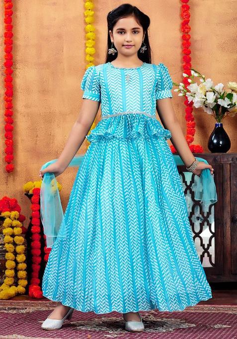 Blue Printed Georgette Lehenga Set For Girls — view on Indya