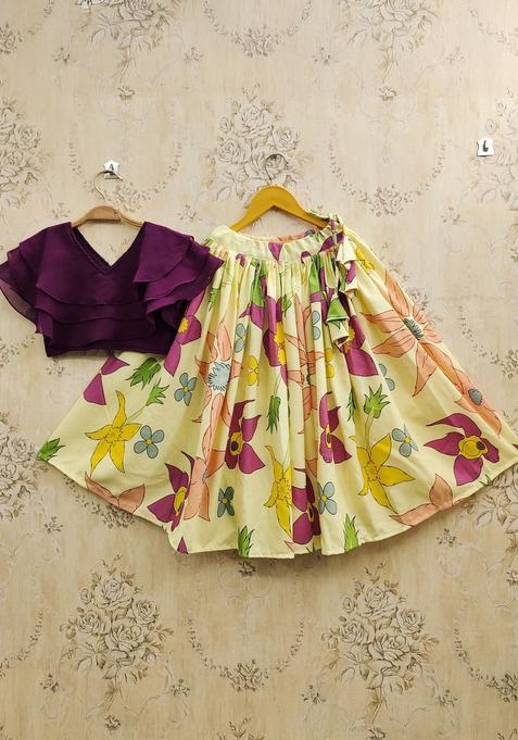 Purple Embroidered Cotton Lehenga Set For Girls — view on Indya
