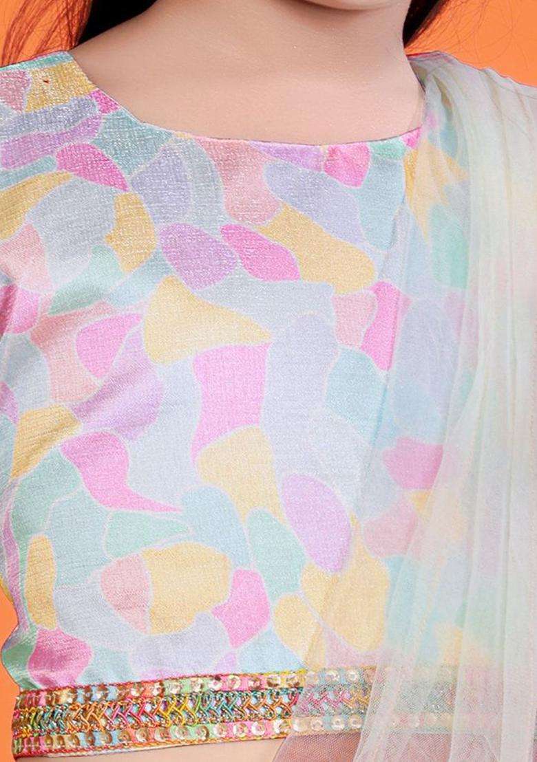 Yellow Printed Net Lehenga Set For Girls - Indya