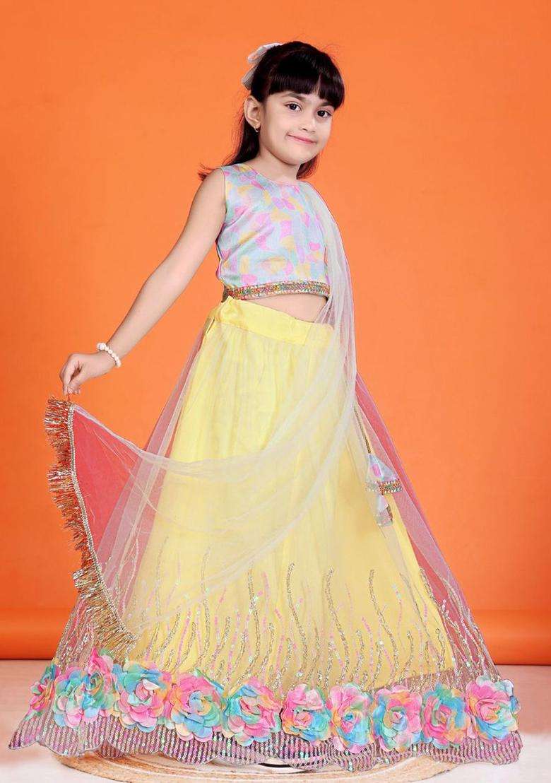 Yellow Printed Net Lehenga Set For Girls - Indya