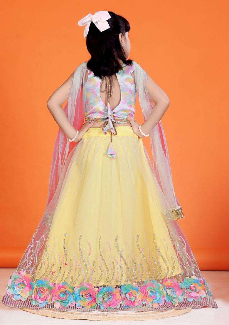 Yellow Printed Net Lehenga Set For Girls - Indya