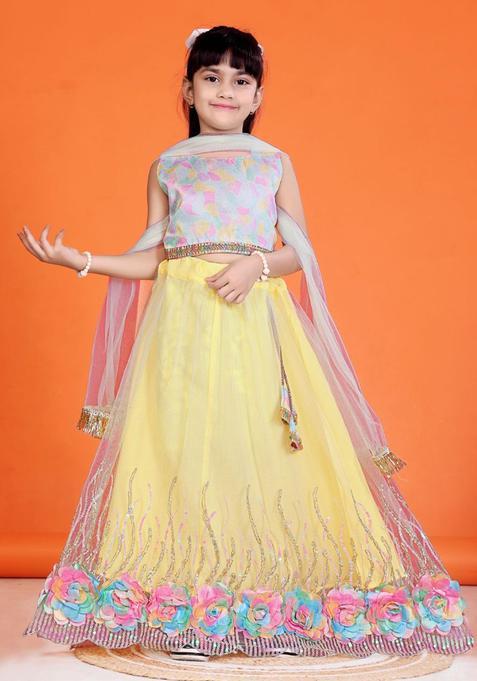 Yellow Printed Net Lehenga Set For Girls — view on Indya