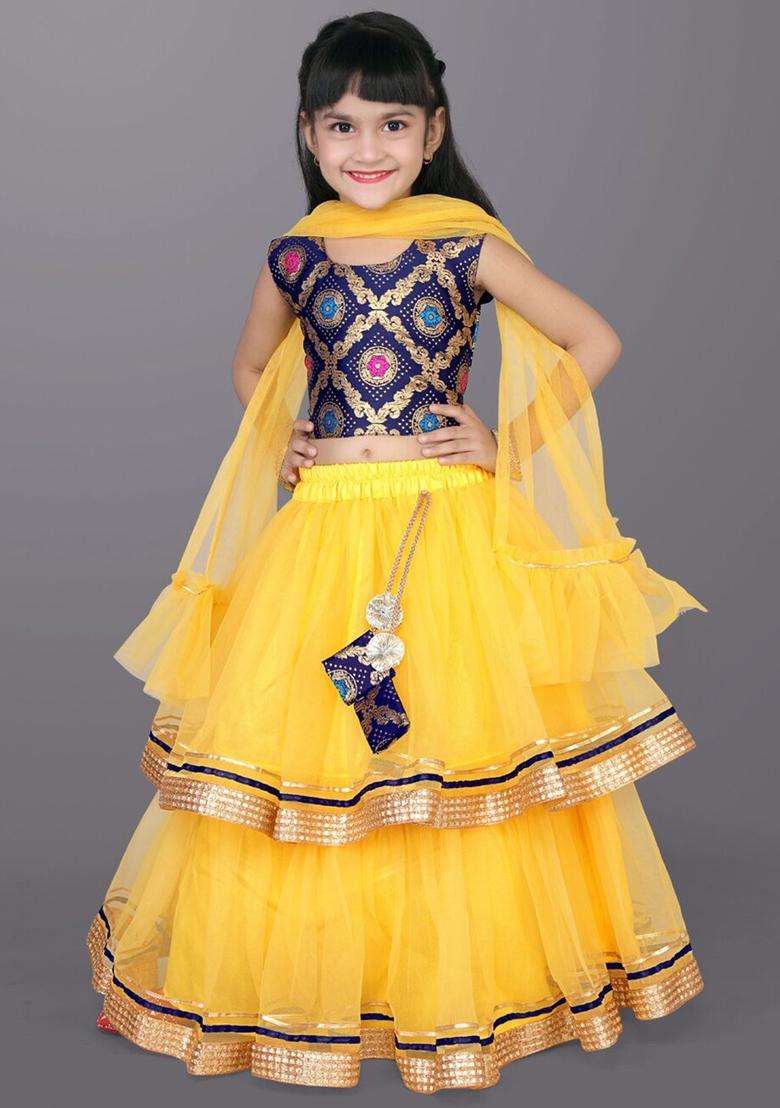 Yellow Woven Design Net Lehenga Set For Girls - Indya