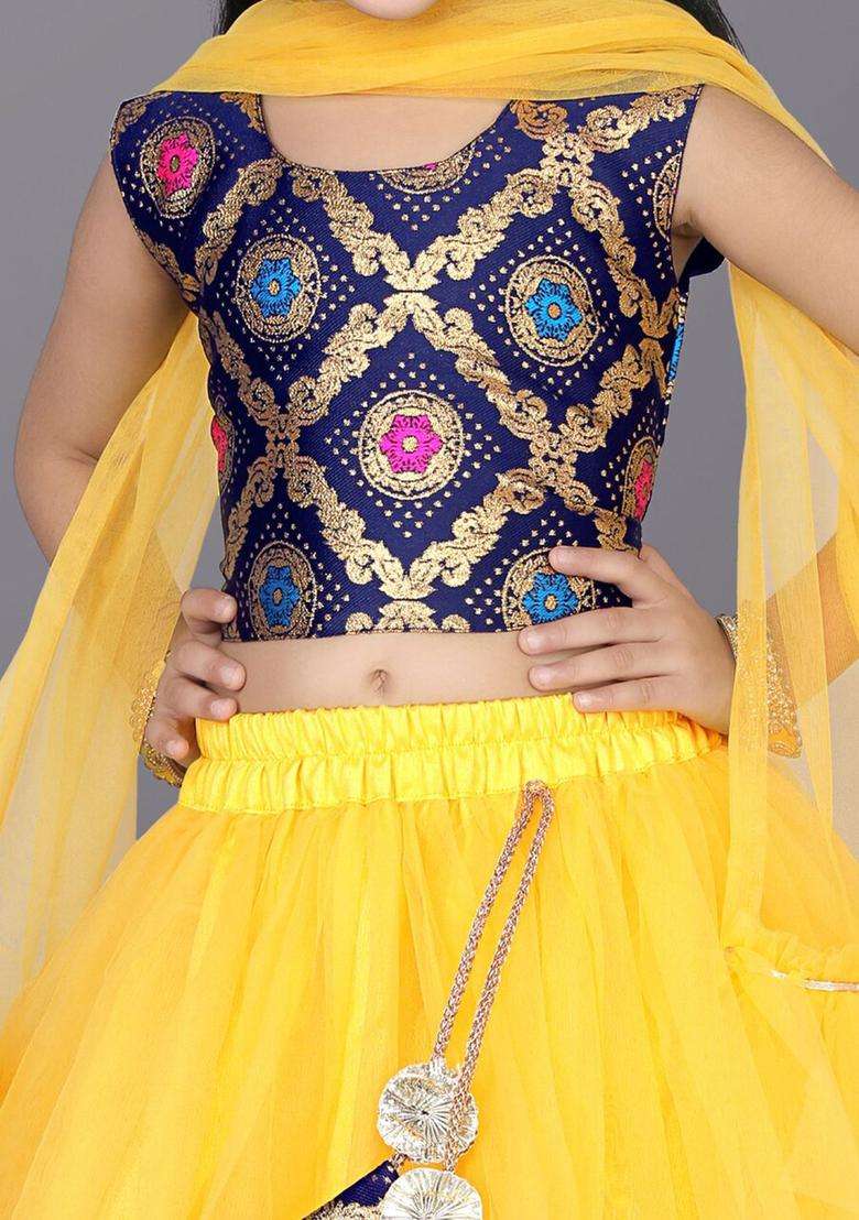 Yellow Woven Design Net Lehenga Set For Girls - Indya