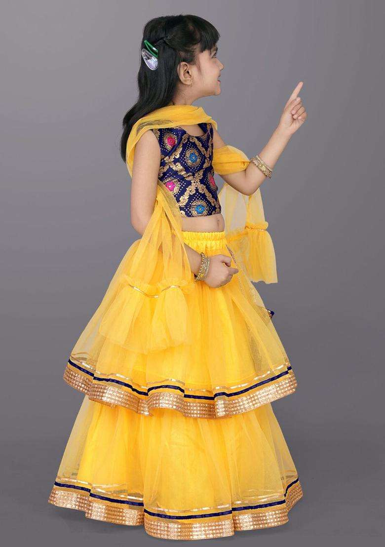 Yellow Woven Design Net Lehenga Set For Girls - Indya