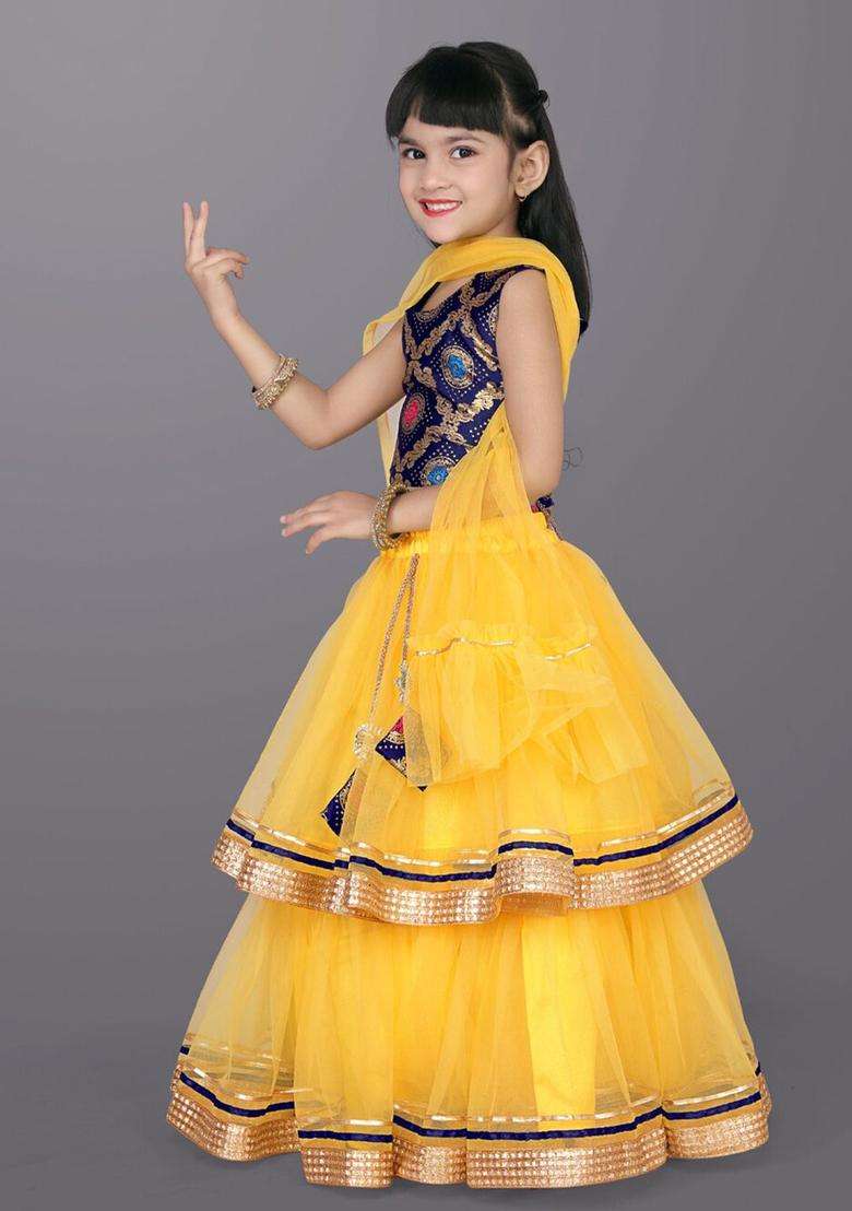Yellow Woven Design Net Lehenga Set For Girls - Indya
