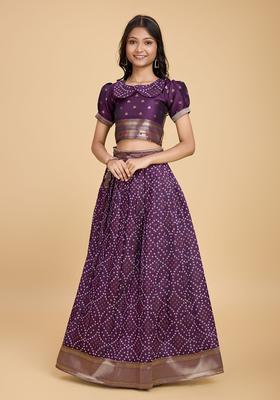Purple Woven Design Silk Lehenga Set For Girls