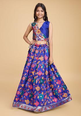 Purple Woven Design Silk Lehenga Set For Girls