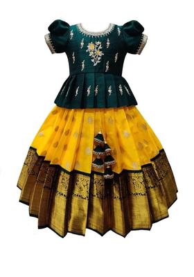 Yellow Embroidered Silk Lehenga Set For Girls