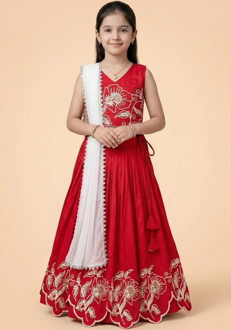 Red Embroidered Silk Lehenga Set For Girls — view on Indya