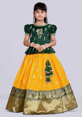 Yellow Embroidered Silk Lehenga Set For Girls