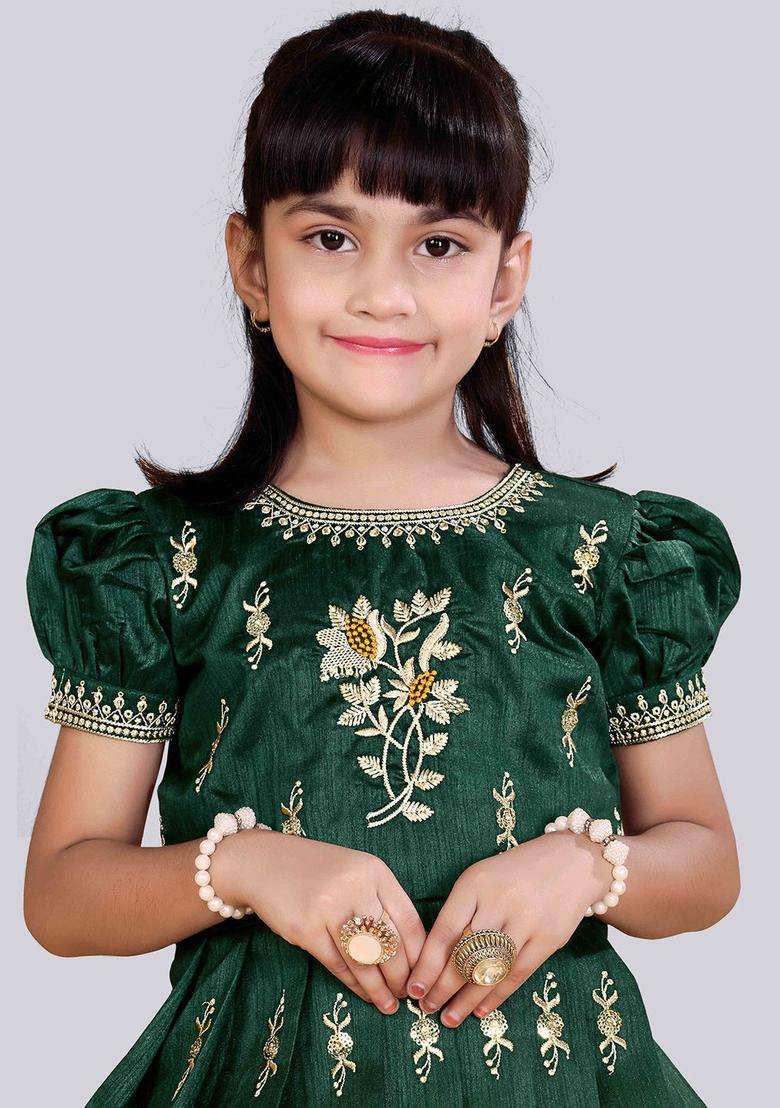 Yellow Embroidered Silk Lehenga Set For Girls - Indya