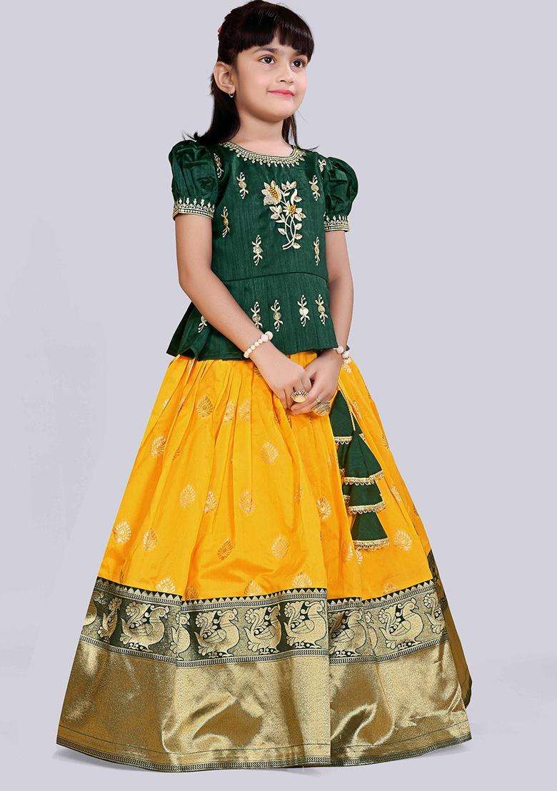 Yellow Embroidered Silk Lehenga Set For Girls - Indya