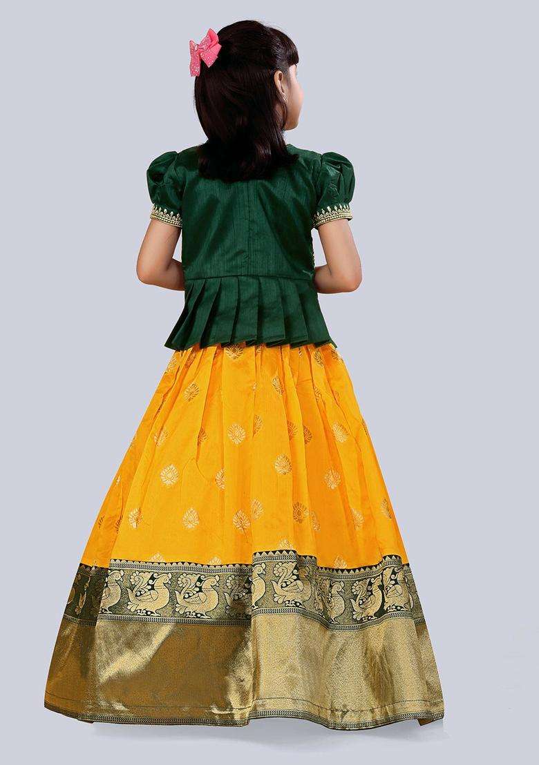 Yellow Embroidered Silk Lehenga Set For Girls - Indya