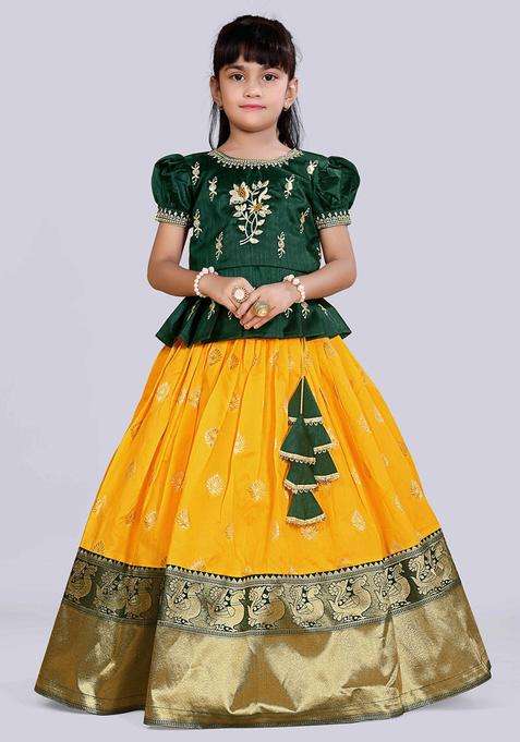 Yellow Embroidered Silk Lehenga Set For Girls