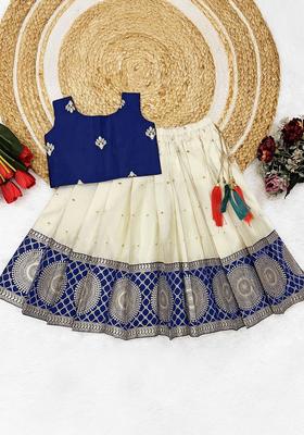 Blue Woven Design Cotton Lehenga Set For Girls