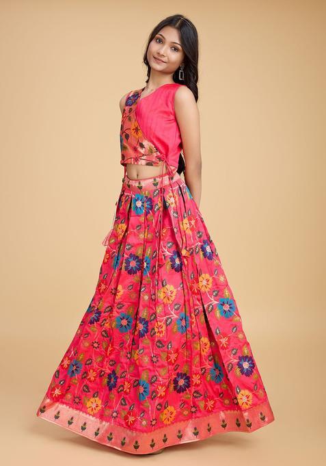 Pink Woven Design Silk Lehenga Set For Girls — view on Indya