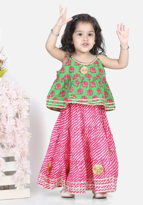 Green Printed Cotton Lehenga Set For Girls — view on Indya