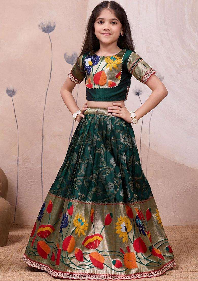 Green Embellished Silk Lehenga Set For Girls - Indya