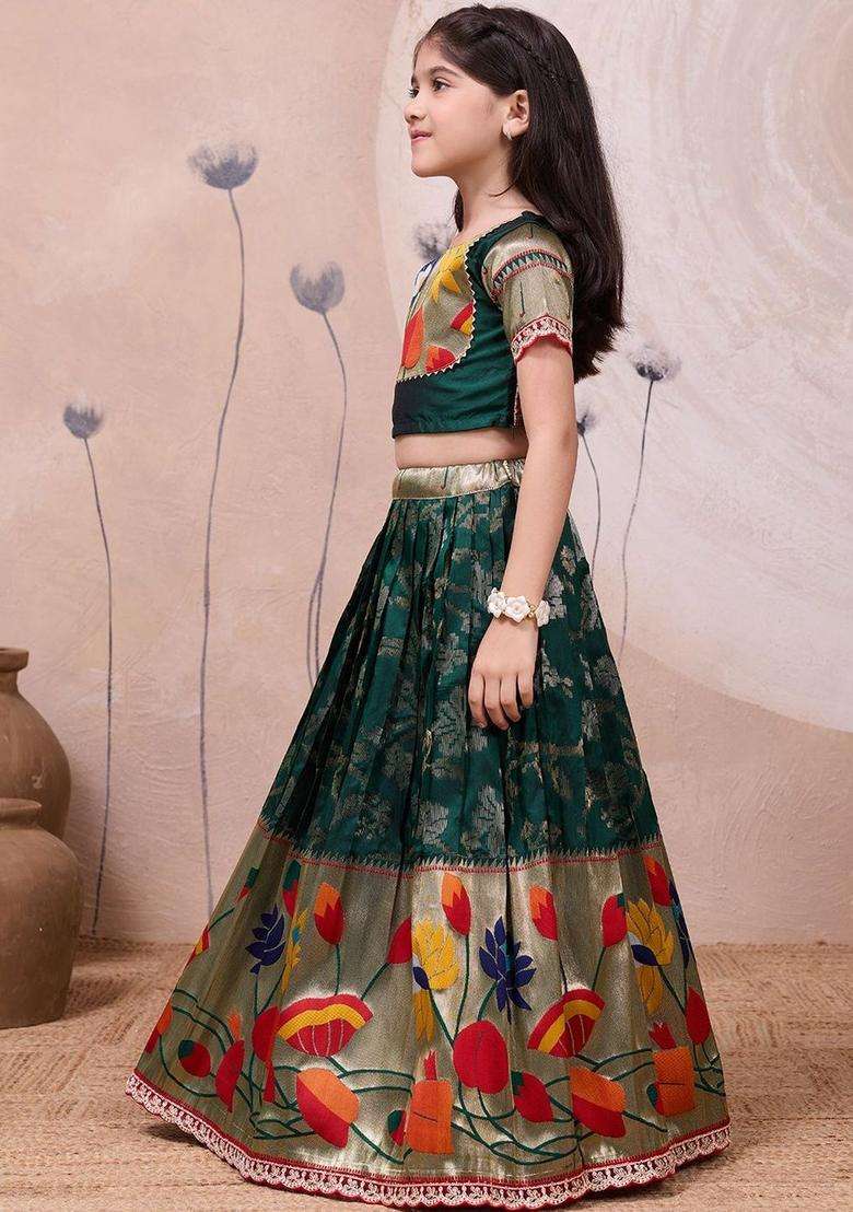 Green Embellished Silk Lehenga Set For Girls - Indya