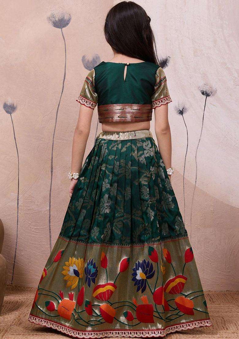 Green Embellished Silk Lehenga Set For Girls - Indya
