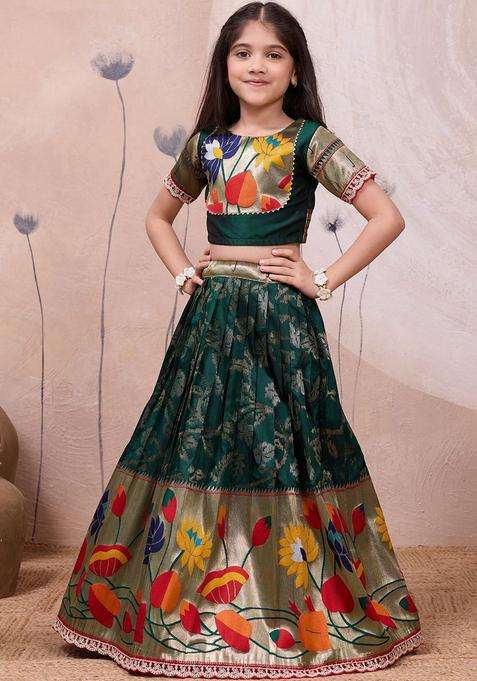 Green Embellished Silk Lehenga Set For Girls