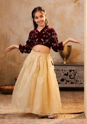 Maroon Embroidered Tissue Lehenga Set For Girls