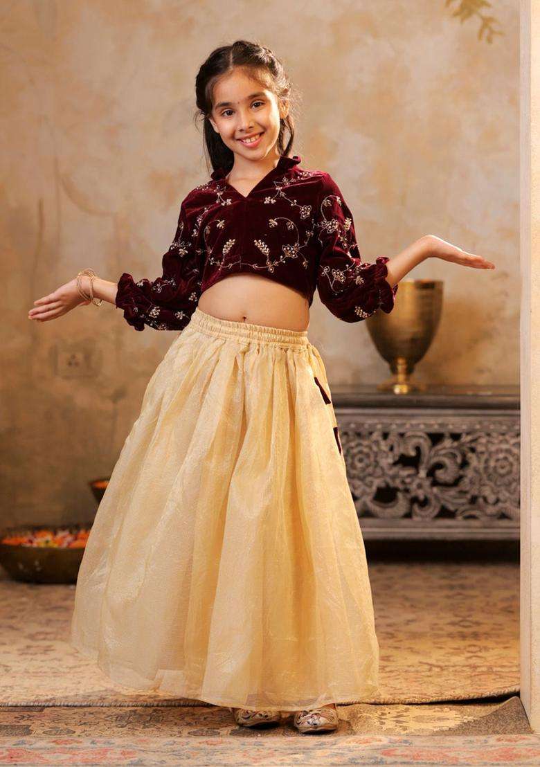 Maroon Embroidered Tissue Lehenga Set For Girls - Indya