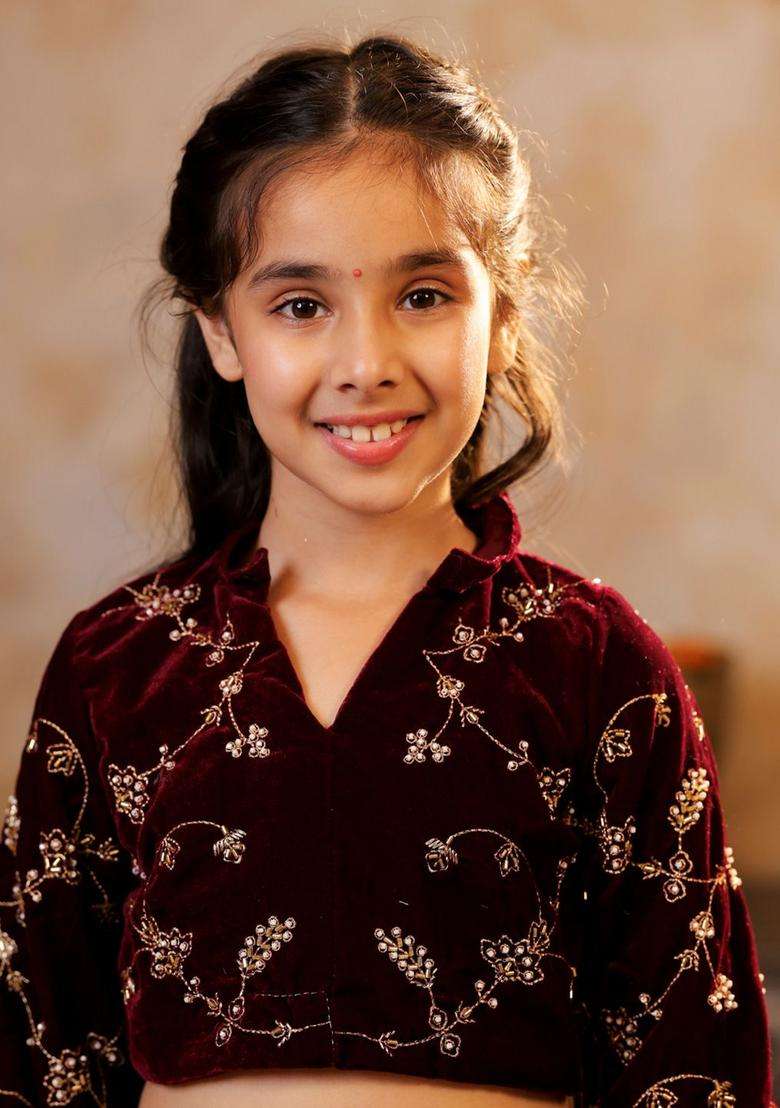 Maroon Embroidered Tissue Lehenga Set For Girls - Indya