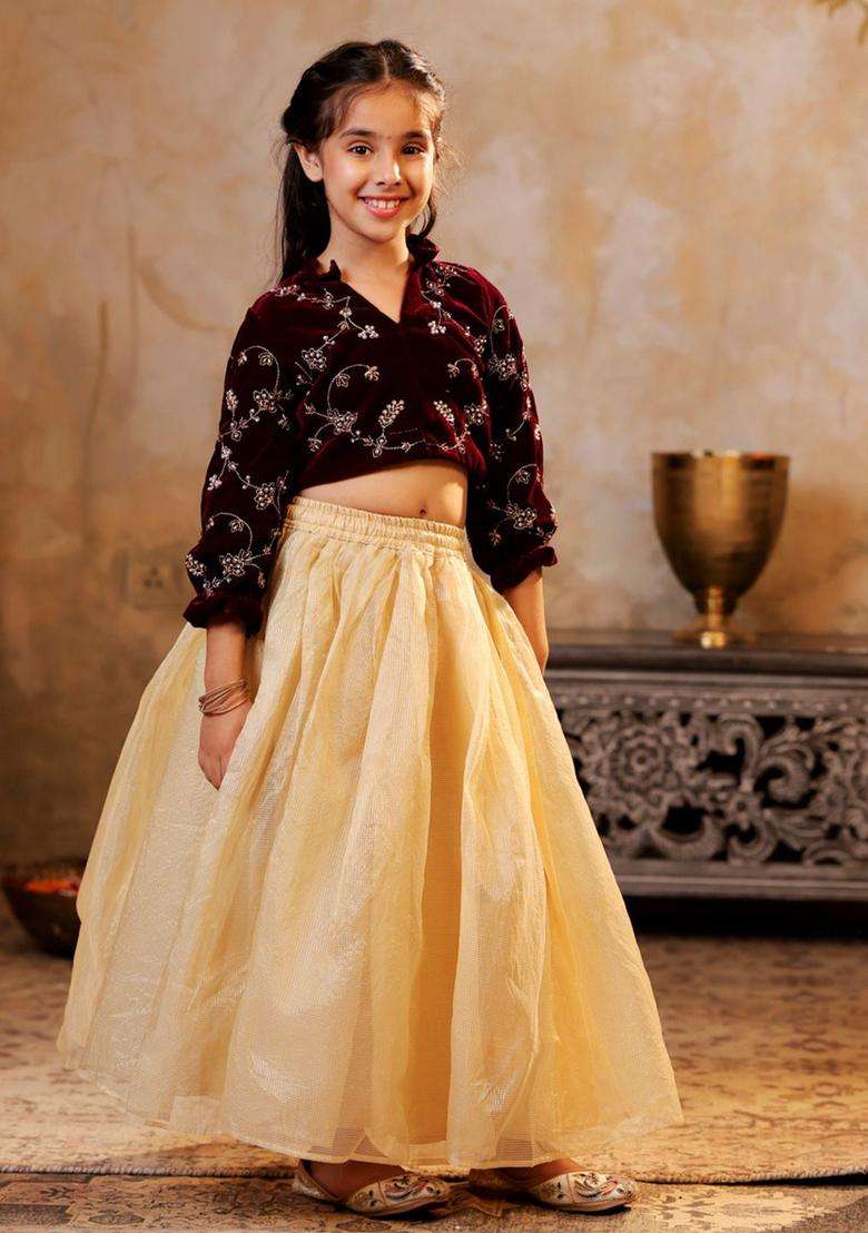 Maroon Embroidered Tissue Lehenga Set For Girls - Indya