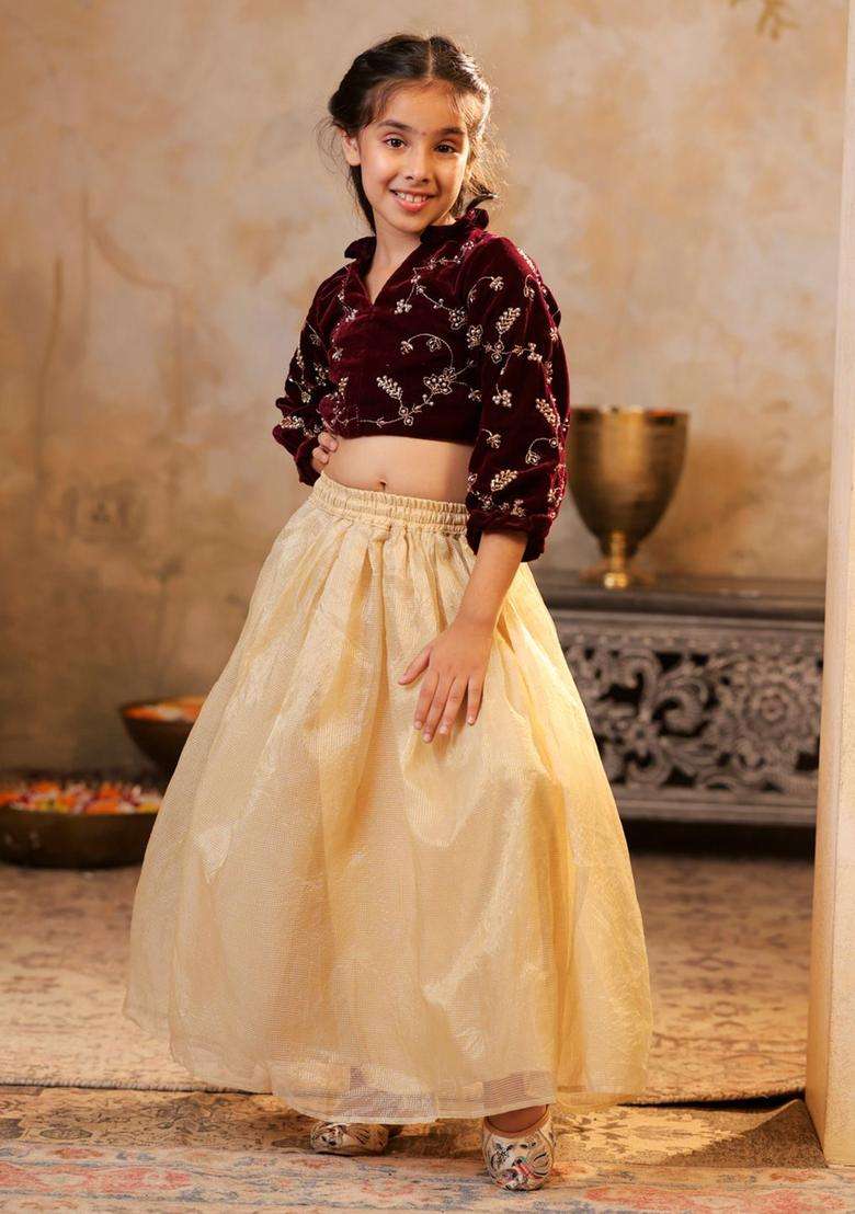 Maroon Embroidered Tissue Lehenga Set For Girls - Indya