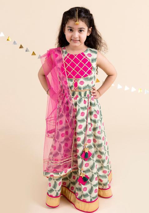 White Printed Cotton Lehenga Set For Girls — view on Indya