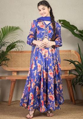 Blue Printed Organza Lehenga Set For Girls