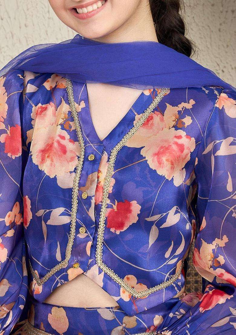 Blue Printed Organza Lehenga Set For Girls - Indya