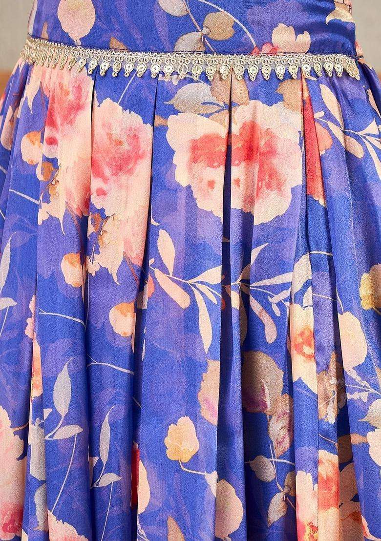 Blue Printed Organza Lehenga Set For Girls - Indya